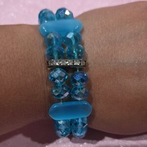 Blue Crystal Double-Strand Stretch Bracelet With Cat Eye Beads